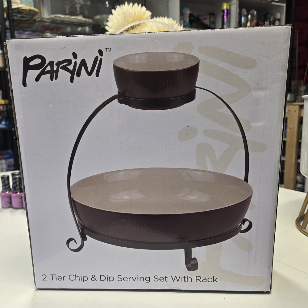 NIB 2 Tier Chip & Dip serving Set with Rack